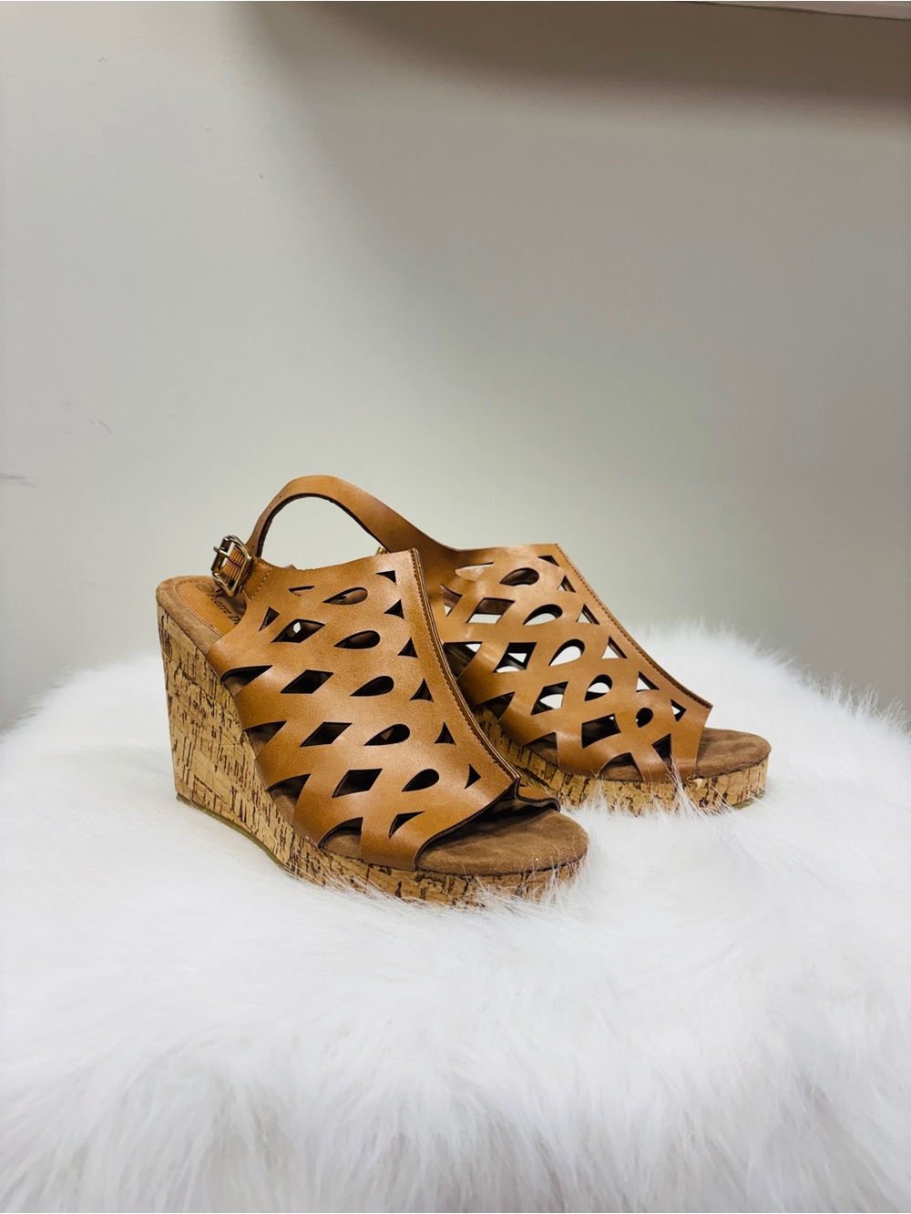 Pierre Dumas Tan Laser-Cut Cork Wedge Sandals